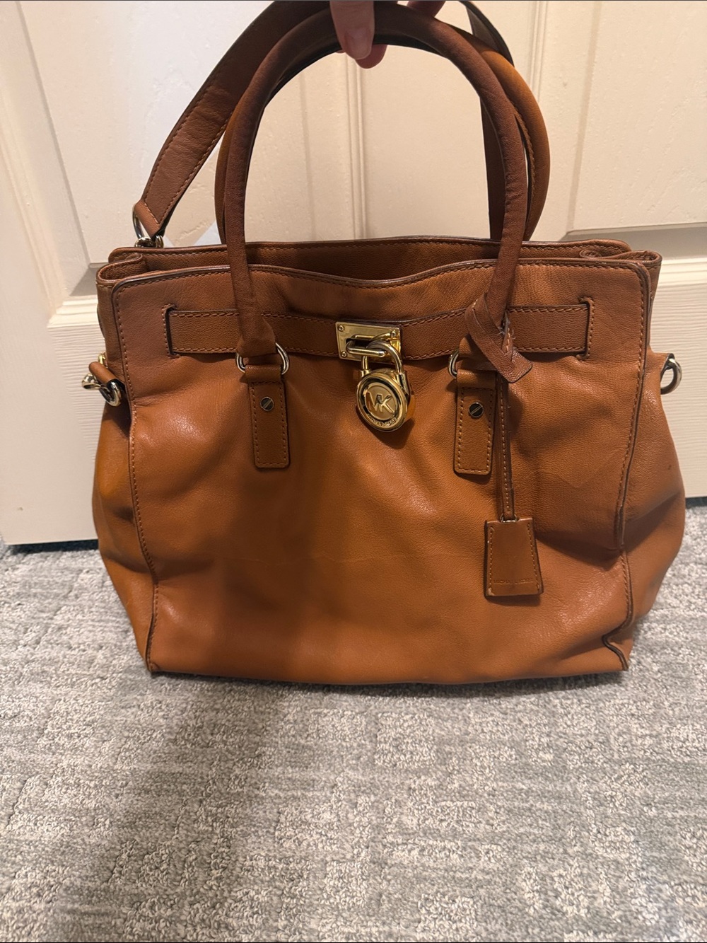 Michael Kors Cognac Leather Satchel with Gold-Tone Lock